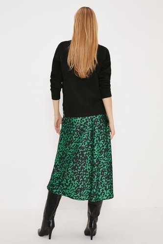 Green Animal Satin Bias Cut Midi Skirt