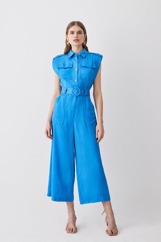 Topstitch Belted Premium Linen Viscose Jumpsuit