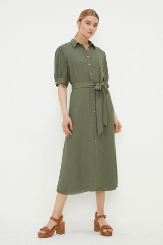 Khaki Belted Midi Shirt Dress