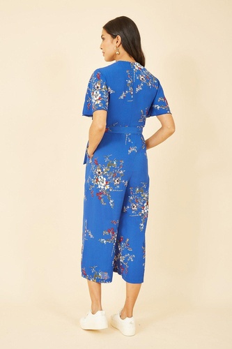 Blue Floral Print Jumpsuit With Angel Sleeves