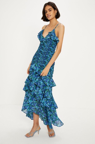 Ditsy Floral Ruched Ruffle Dip Hem Midi Dress