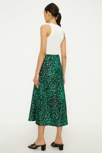 Green Animal Satin Bias Cut Midi Skirt