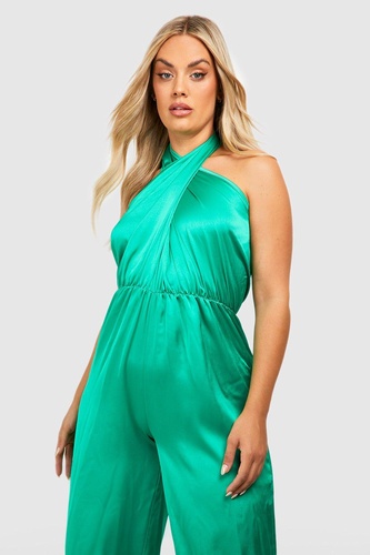 Plus Satin Halterneck Twist Wide Leg Jumpsuit