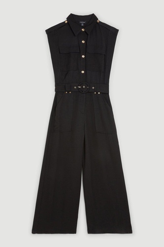 Topstitch Belted Premium Linen Viscose Jumpsuit