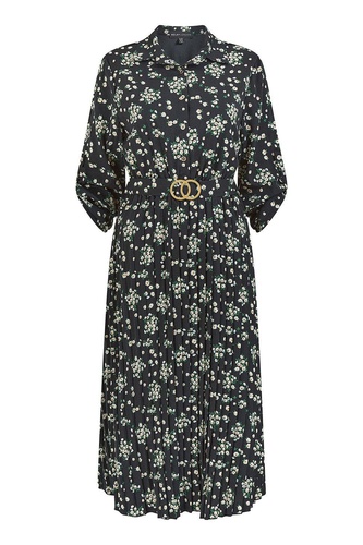 Black Daisy Print Midi Dress With Gold Buckle Belt Detail