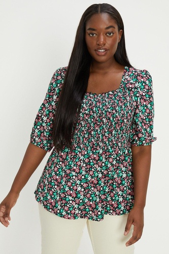 Curve Black Floral Shirred Bodice Blouse