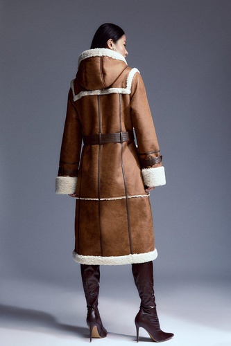 Faux Shearling Contrast Trim Hooded Midi Coat