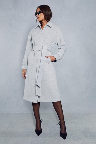 Wool Look Belted Midi Trench Coat