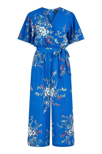 Blue Floral Print Jumpsuit With Angel Sleeves