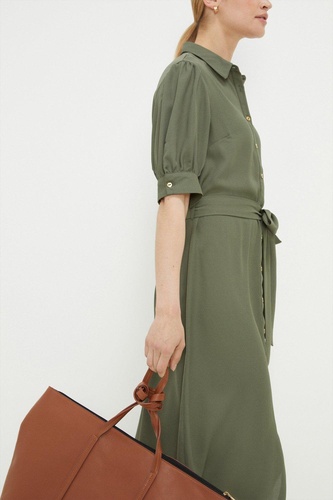 Khaki Belted Midi Shirt Dress