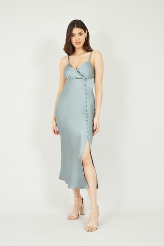 Silver Satin Button Detail Slip Dress