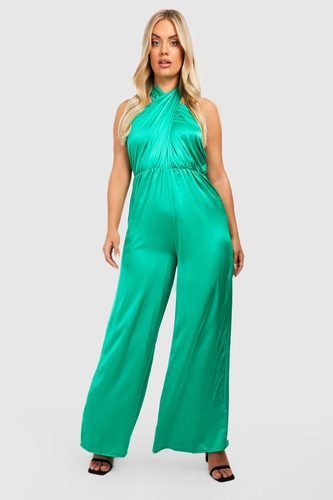 Plus Satin Halterneck Twist Wide Leg Jumpsuit