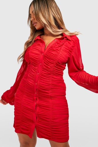 Plus Ruched Drape Mesh Shirt Dress