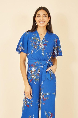 Blue Floral Print Jumpsuit With Angel Sleeves