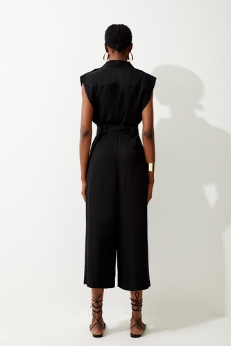 Topstitch Belted Premium Linen Viscose Jumpsuit