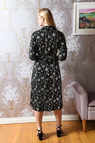 Black Daisy Print Midi Dress With Gold Buckle Belt Detail