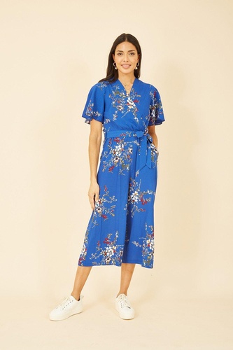 Blue Floral Print Jumpsuit With Angel Sleeves