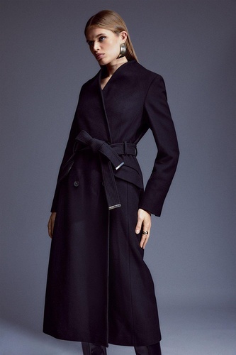 Italian Wool Blend High Neck Belted Maxi Coat