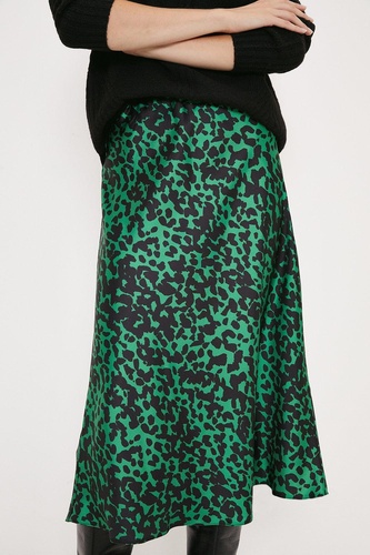 Green Animal Satin Bias Cut Midi Skirt