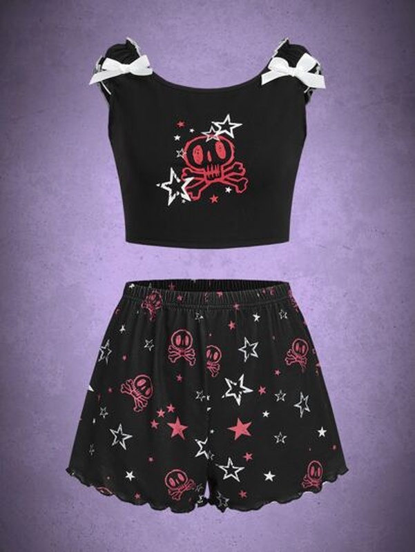 Grunge Punk Skull Graphic Bow Decor Lettuce Trim PJ Set