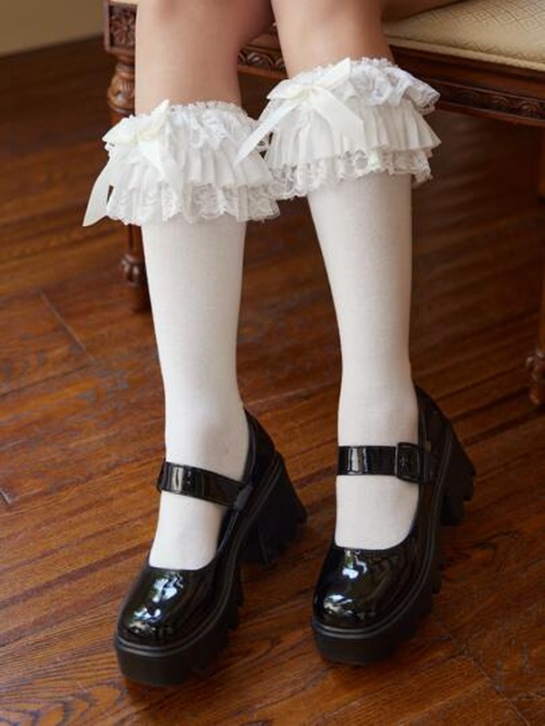 Bow Decor Ruffle Trim Over The Calf Socks