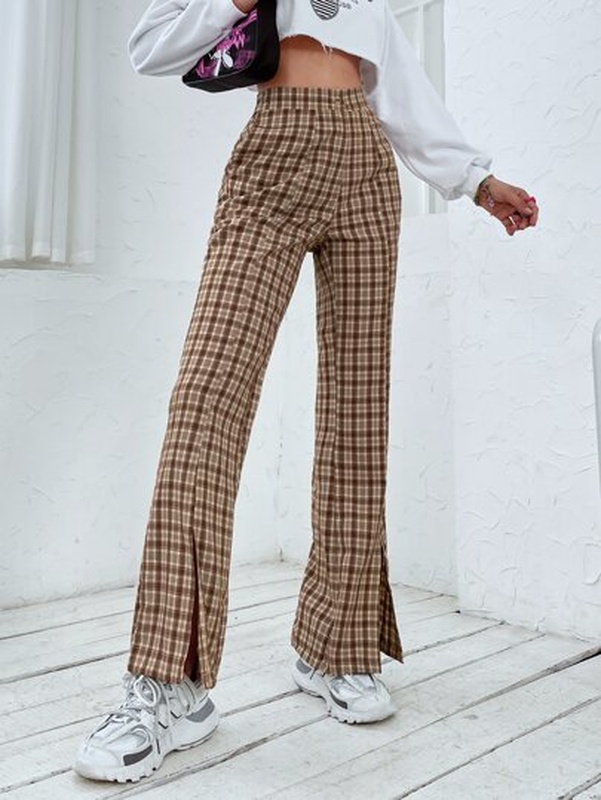 Split Hem Plaid Pants