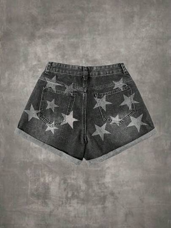 Star Print Roll Up Hem Denim Shorts