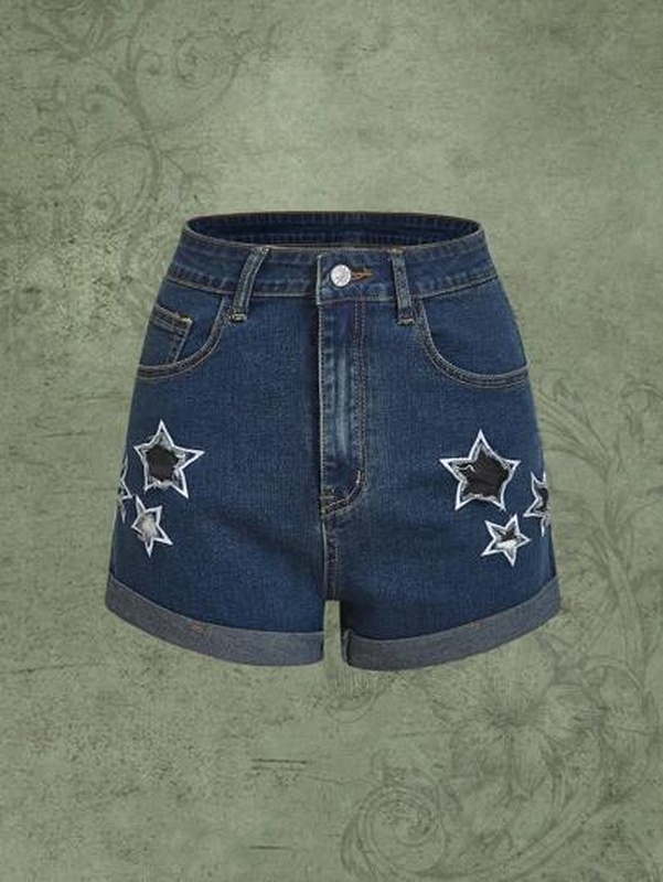 Star Print Denim Shorts