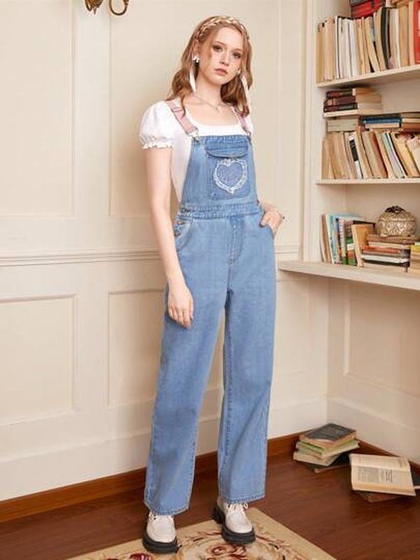 Kawaii Heart Cartoon Embroidery Denim Overalls Without Tee