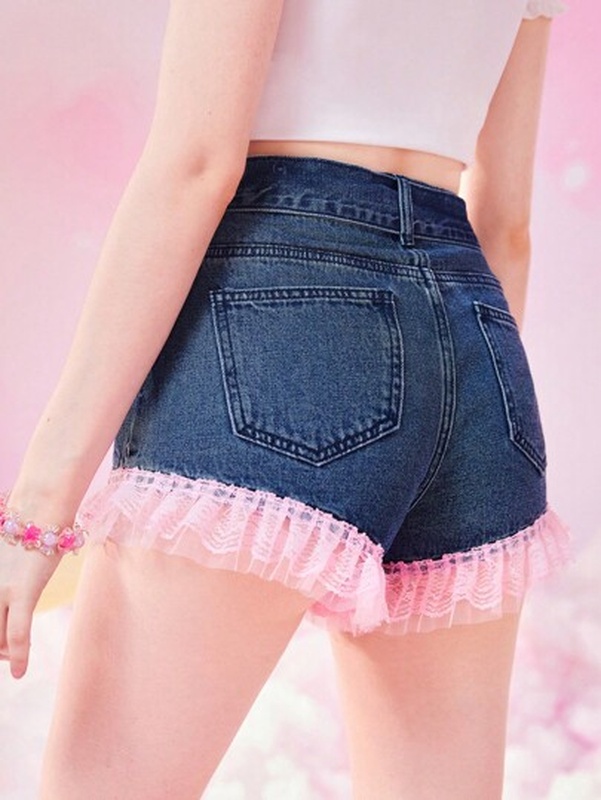 Kawaii Cartoon Graphic Contrast Mesh Denim Shorts