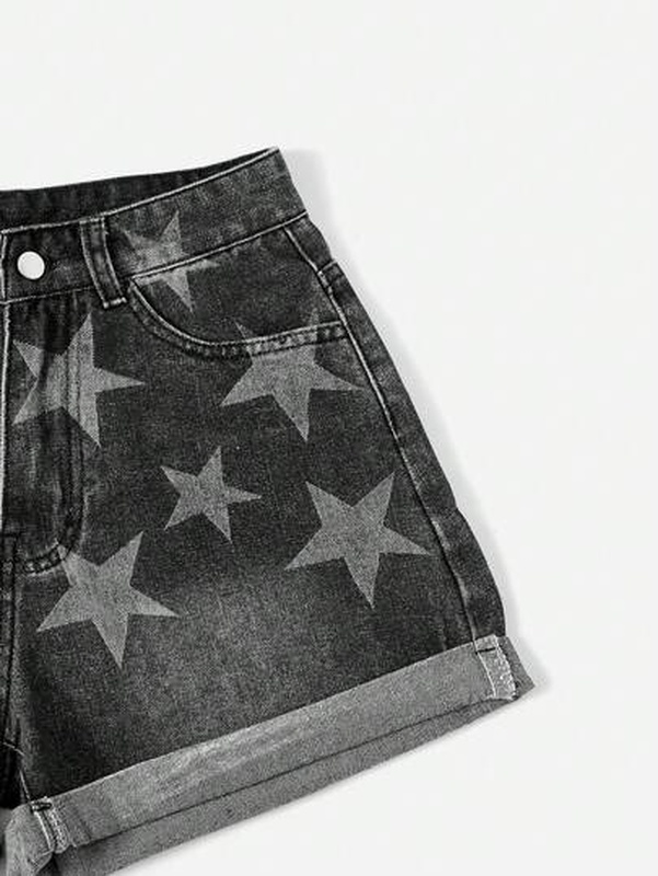 Star Print Roll Up Hem Denim Shorts