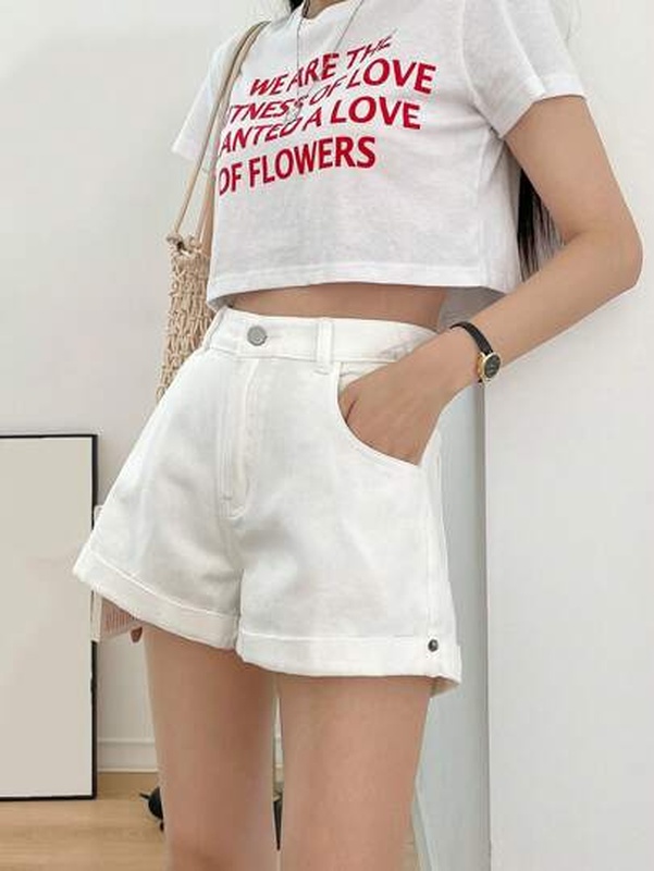 High Waist Roll Hem Denim Shorts