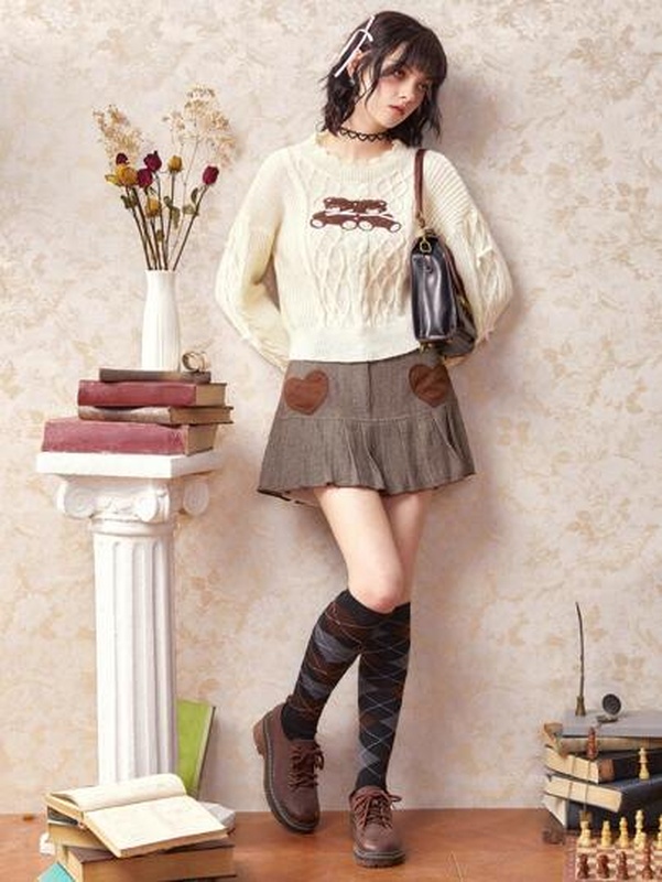 Kawaii Bear Embroidery Cable Knit Drop Shoulder Sweater