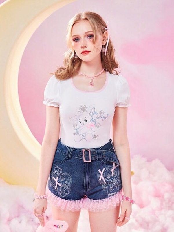 Kawaii Cartoon Graphic Contrast Mesh Denim Shorts