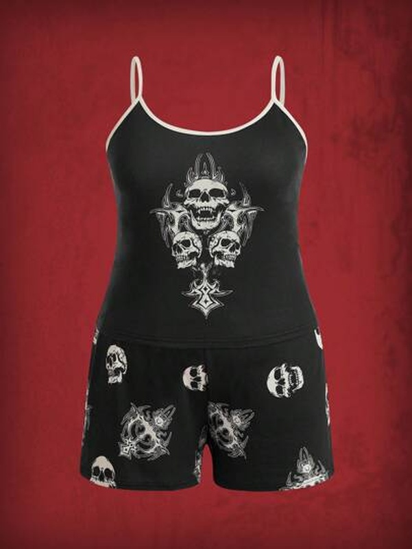 Plus Skull Print Contrast Binding PJ Set