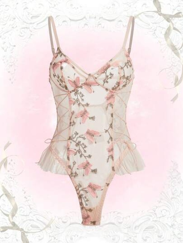 Kawaii Butterfly Embroidery Ruffle Trim Mesh Cami Bodysuit