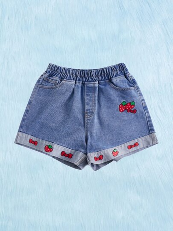 Kawaii Strawberry Embroidery Cuffed Hem Denim Shorts