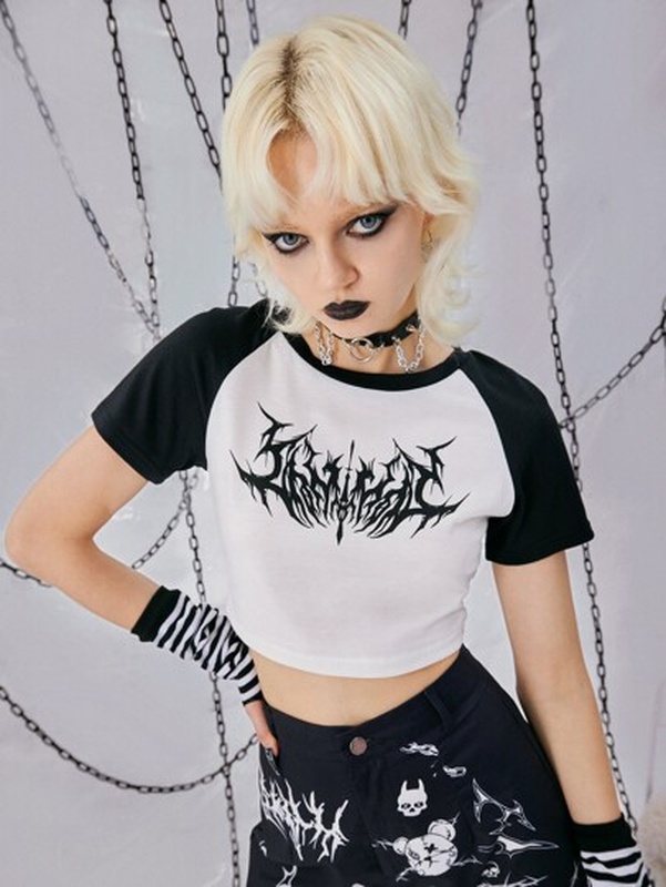 Grunge Punk Graphic Print Raglan Sleeve Crop Tee