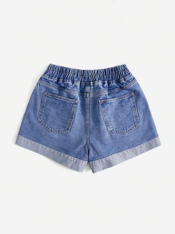 Kawaii Strawberry Embroidery Cuffed Hem Denim Shorts