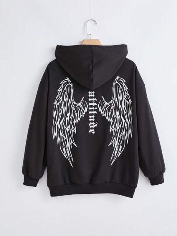 Wings amp Letter Graphic Zip Up Drop Shoulder Hoodie Without