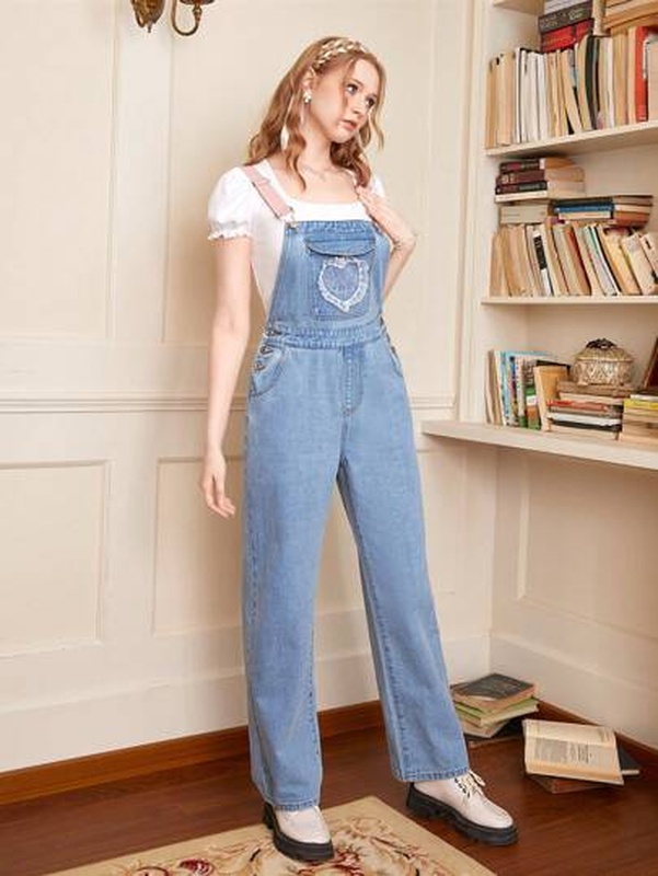 Kawaii Heart Cartoon Embroidery Denim Overalls Without Tee