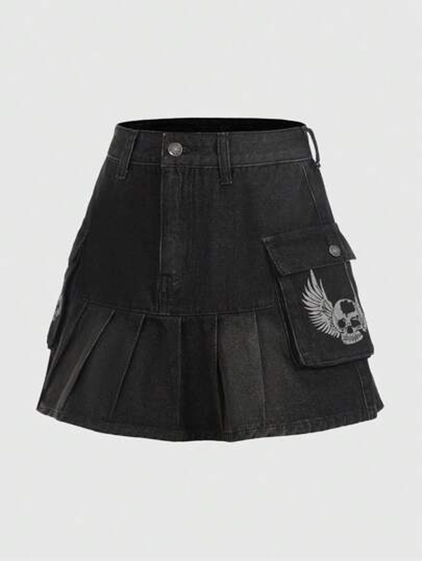 Fairycore Skull Print Flap Pocket Pleated Hem Denim Skirt