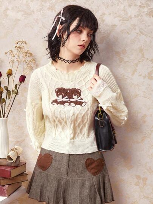 Kawaii Bear Embroidery Cable Knit Drop Shoulder Sweater