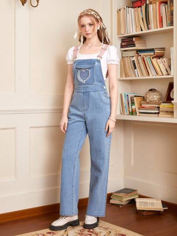 Kawaii Heart Cartoon Embroidery Denim Overalls Without Tee