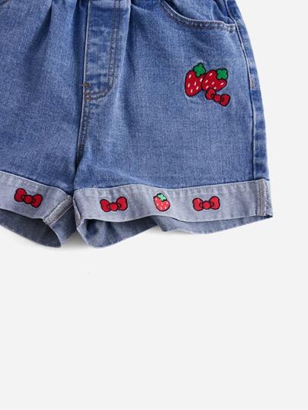 Kawaii Strawberry Embroidery Cuffed Hem Denim Shorts