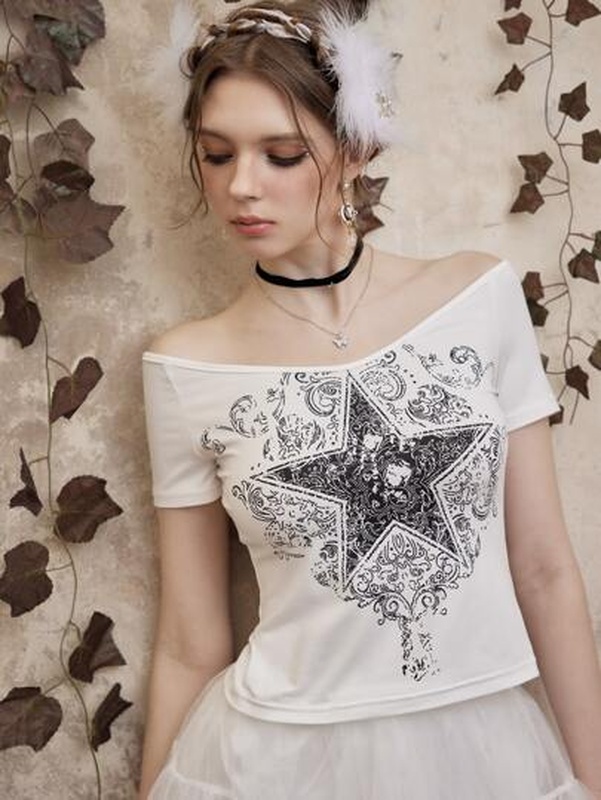 Fairycore Star Print Off Shoulder Tee