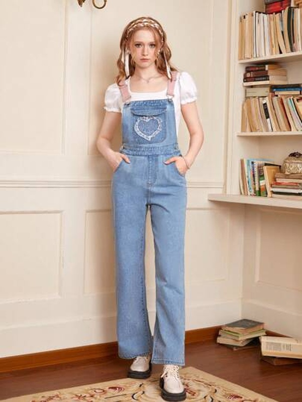 Kawaii Heart Cartoon Embroidery Denim Overalls Without Tee