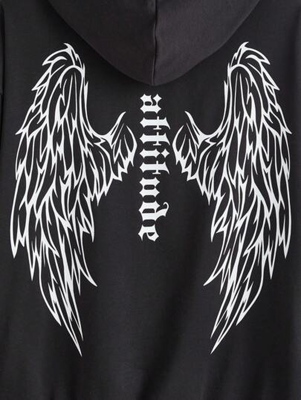 Wings amp Letter Graphic Zip Up Drop Shoulder Hoodie Without