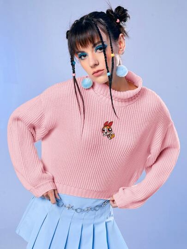 The Powerpuff Girls ROMWE Cartoon Embroidery High Neck Bishop Sleeve