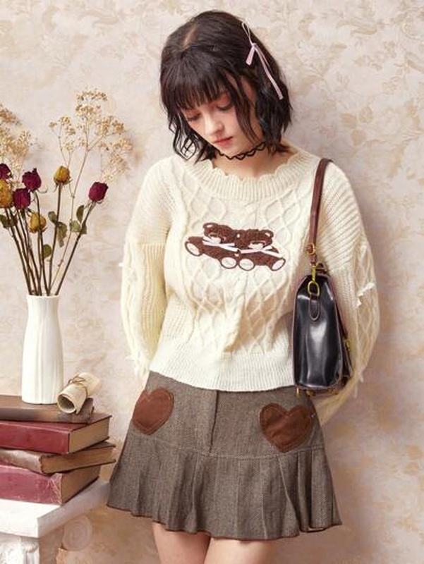 Kawaii Bear Embroidery Cable Knit Drop Shoulder Sweater